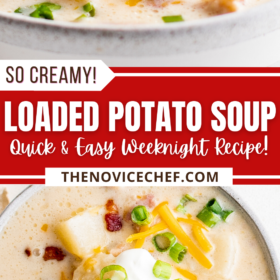 Bowls of potato soup with cheese, bacon, green onions and sour cream on top.