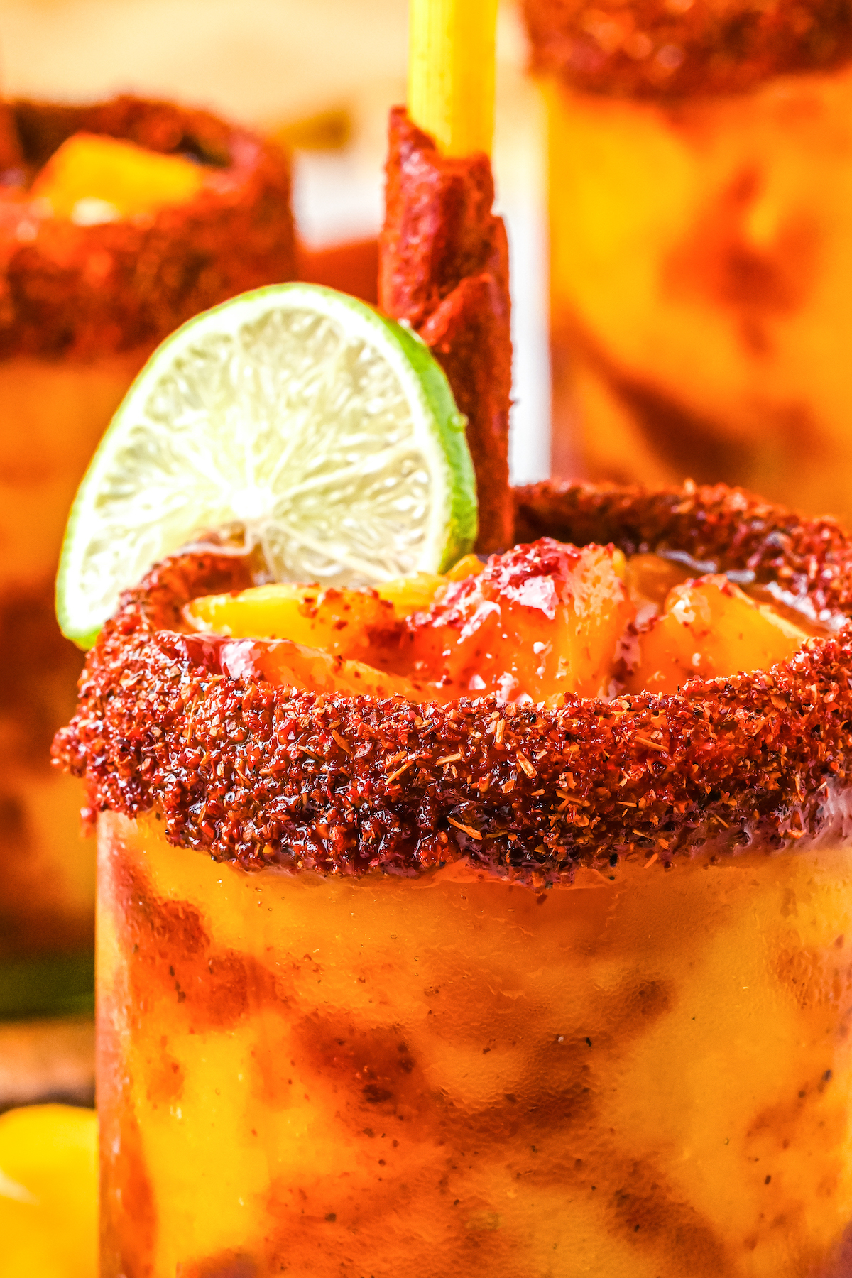 Close-up of Tajín rim on a mangonada drink.