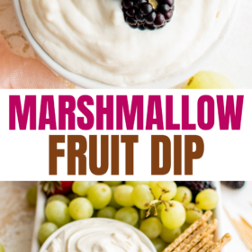 A bowl of marshmallow fruit dip with fresh fruit on top and a bowl of fruit dip with fruit on a platter.