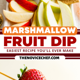 A bowl of fruit dip and a strawberry dipped in marshmallow fruit dip.