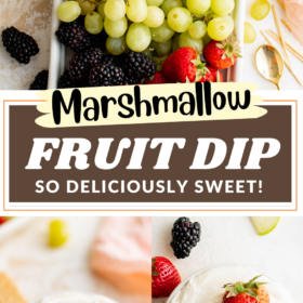 Fruit dip on a platter and graham crackers and a bowl of marshmallow fruit dip.