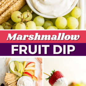 A platter of fruit on a platter with a bowl of marshmallow fruit dip.