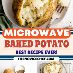 A baked potato on a plate and ingredients to cook a potato.