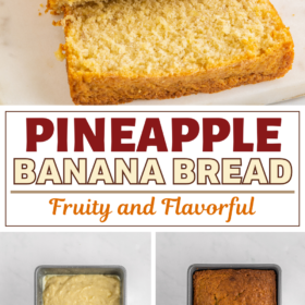 Banana bread with pineapple in a loaf pan before and after baking and sliced into slices on a cutting board.