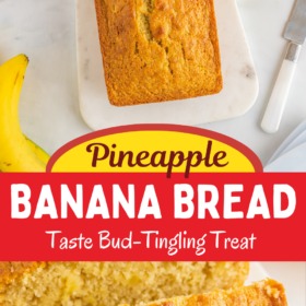 Banana bread with pineapple on a cutting board and then the bread cut into slices.