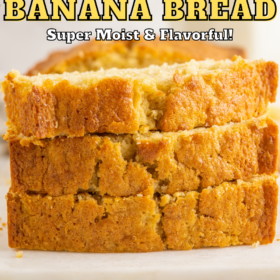 Slices of pineapple banana bread stacked on top of each other.