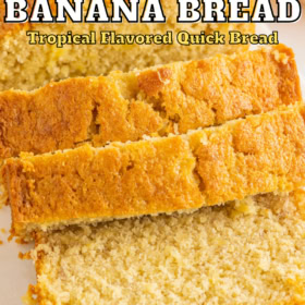 Slices of pineapple banana bread on a cutting board.