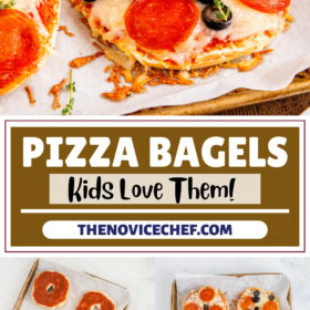 Ingredients for pizza bagels arranged in bowls and pizza bagels on a baking sheet lined with parchment paper.