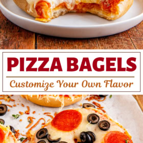 Pizza bagel with a bite taken out of it and pizza bagels with pepperoni and olives.