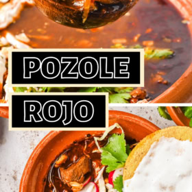 A ladle scooping up a serving of pozole and a bowl of soup with all the toppings and a tortilla with creama on top.