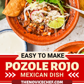 Peppers in a pot, ingredients in a blender, and a pot of pozole rojo.