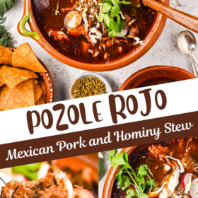 A large bowl of pozole rojo and a spoon scooping up a bite with pork.