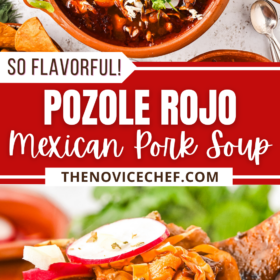 A bowl of pozole rojo with a wooden ladle scooping up a serving.