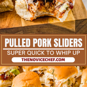 Pulled pork sliders lined up on a cutting board with a bite taken out of one.