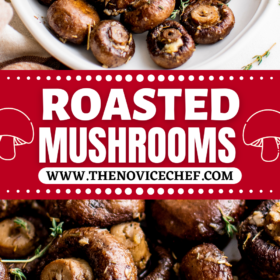 Roasted mushrooms on a platter with herbs and garlic.