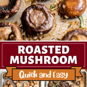 Roasted mushrooms on a sheet pan before and after baking.