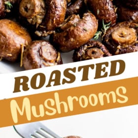 Roasted mushrooms on a plate and a fork picking up a mushroom.