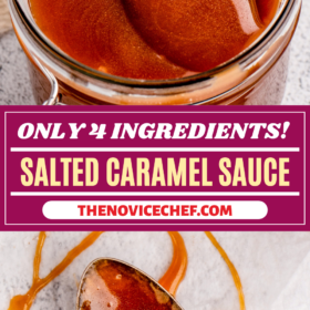 A jar of homemade salted caramel sauce and a spoonful of caramel sauce with salt on top.