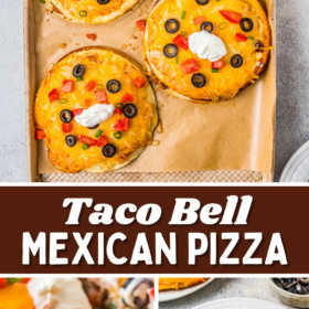 A sheet pan of Taco Bell mexican pizzas and a mexican pizza on a plate and a bite taken out of a Mexican pizza.