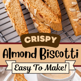 Almond biscotti on a plate with a cup of coffee.