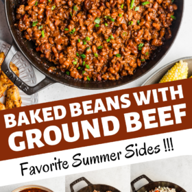 A pot of baked beans with ground beef.