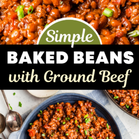 Baked beans with ground beef in a bowl and a spoon scooping up a serving.