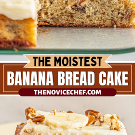 Banana bread cake on a platter and a slice being lifted off a plate.