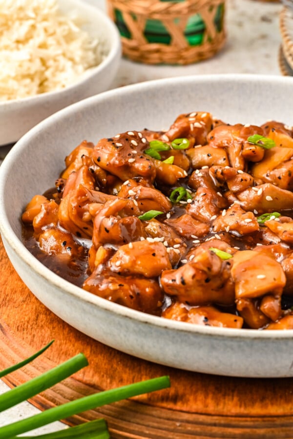 Cooked bourbon chicken in a bowl. 