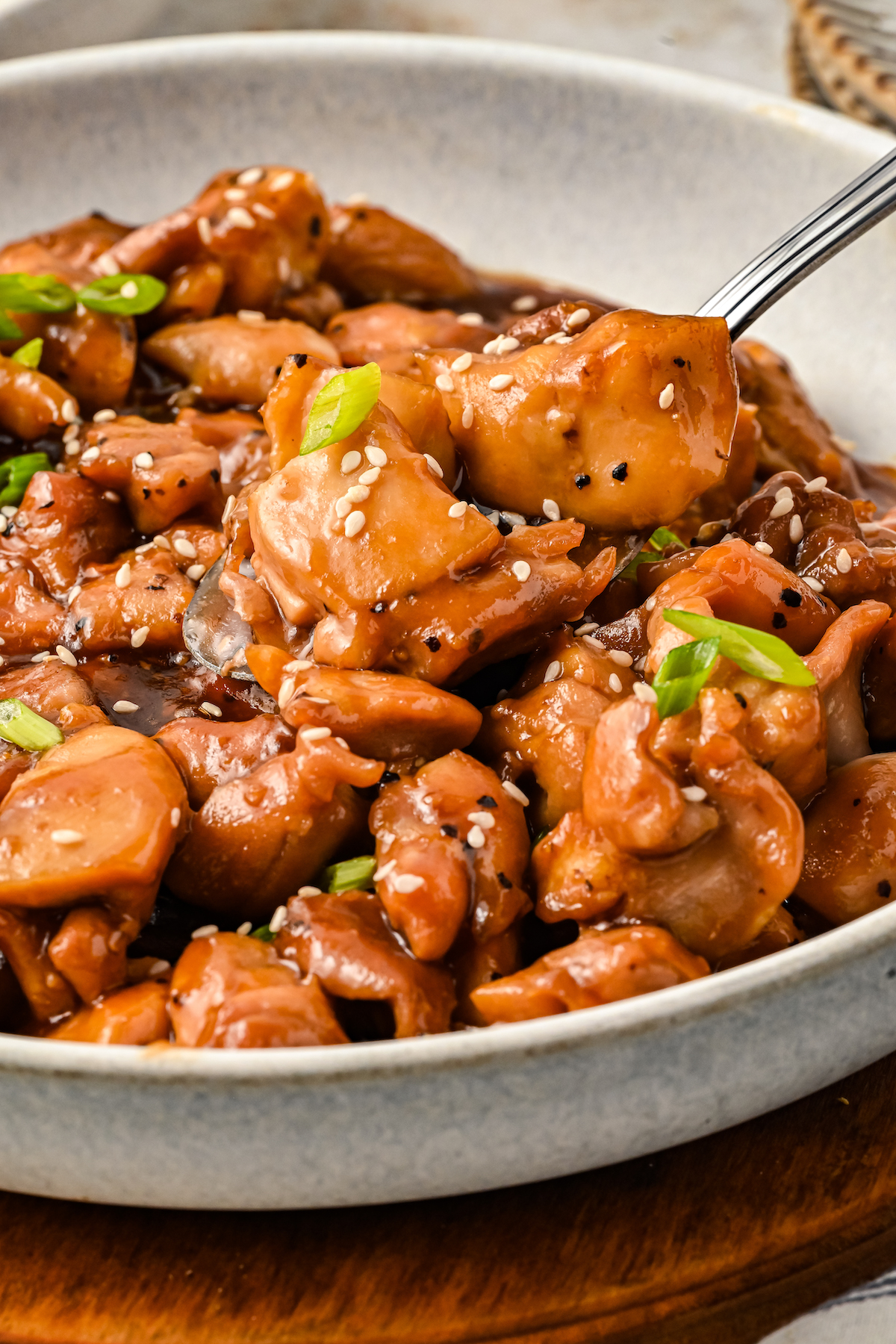 Close-up of bourbon chicken. 