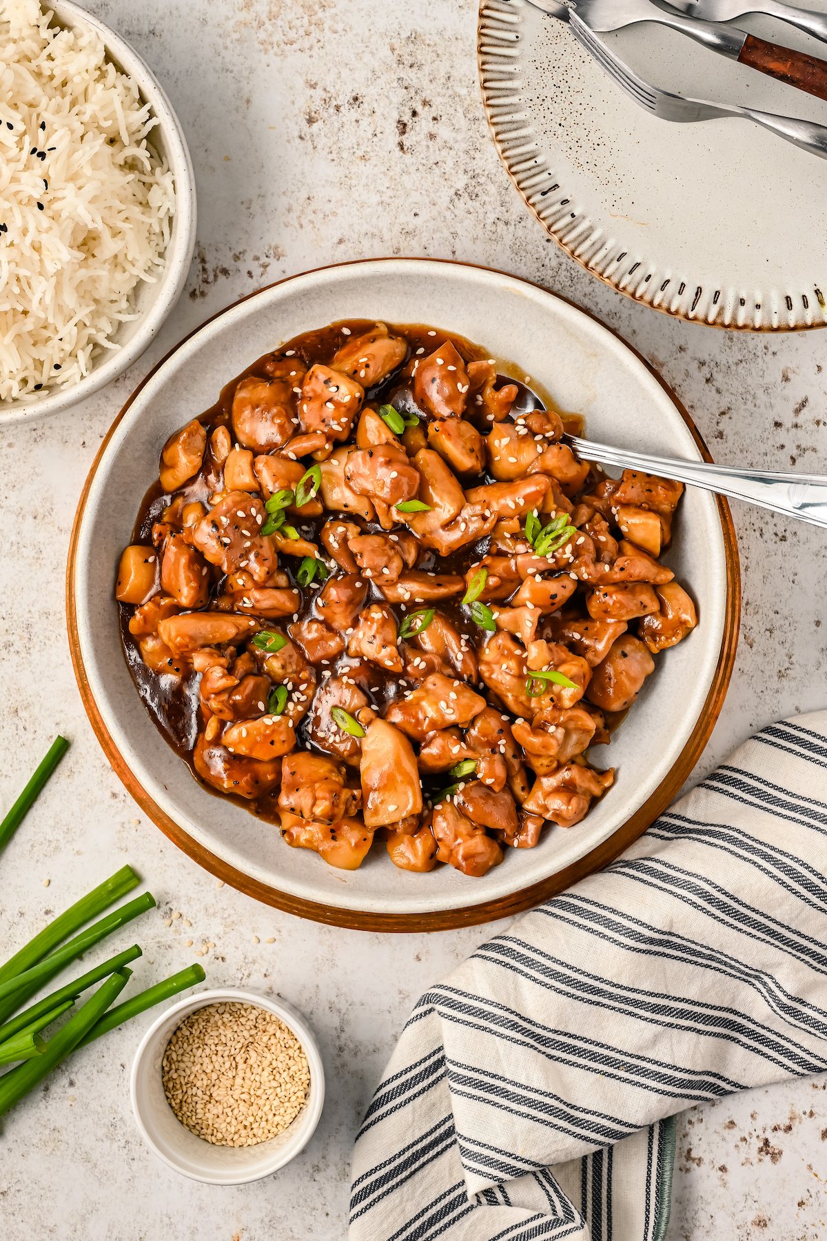 Bourbon chicken in a bowl.