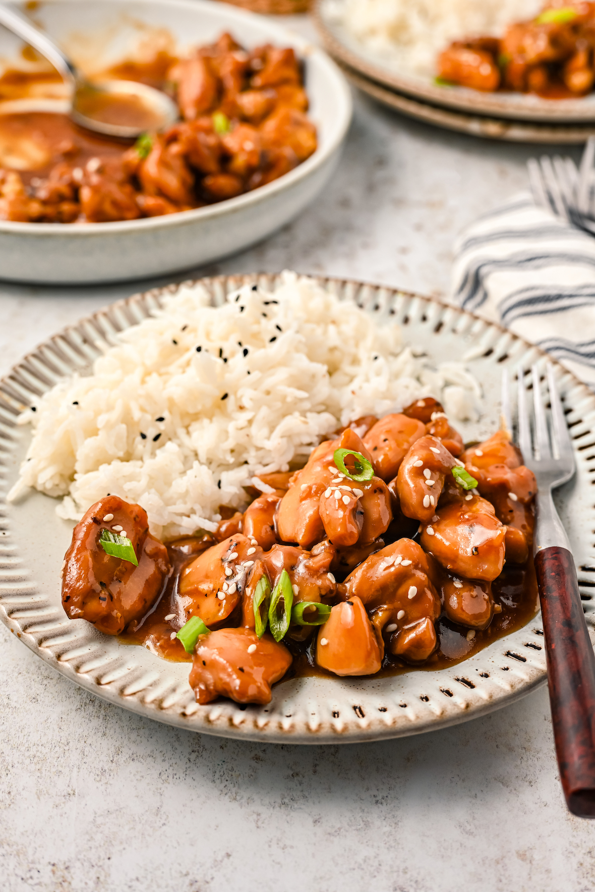 Bourbon chicken with a side of white rice. 