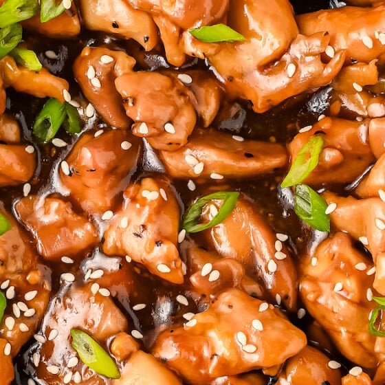 Landscape photo of bourbon chicken.