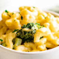 Homemade mac and cheese with broccoli.