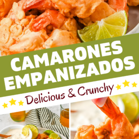 A platter of Camarones Empanizados with a bowl of creamy jalapeno dipping sauce.