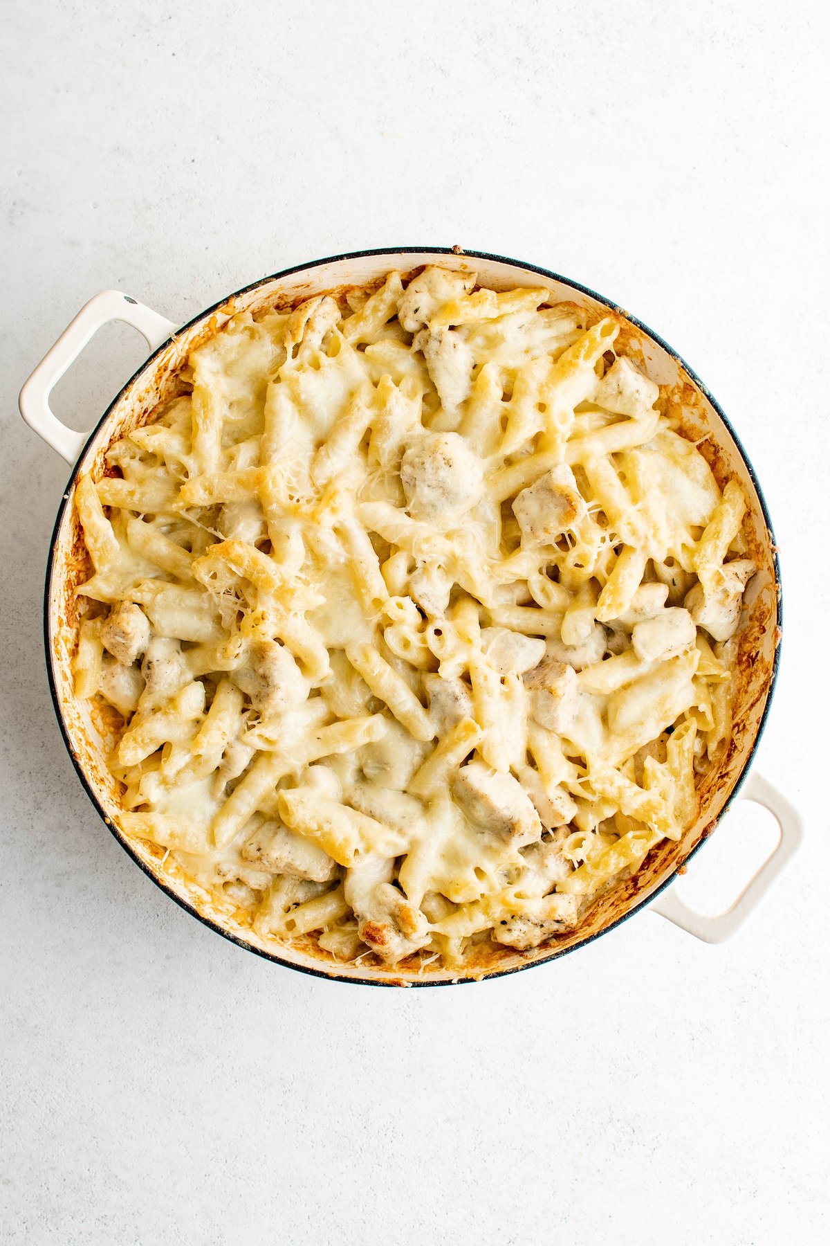 Baked pasta in the baking pan.