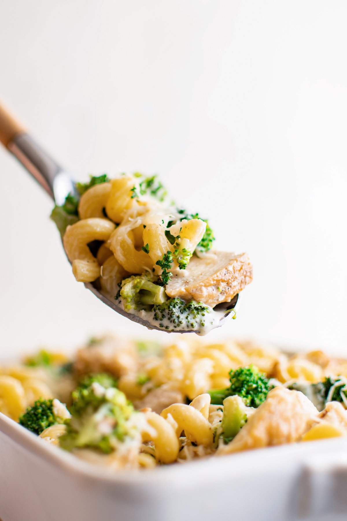 Close-up of chicken broccoli alfredo on a fork. 