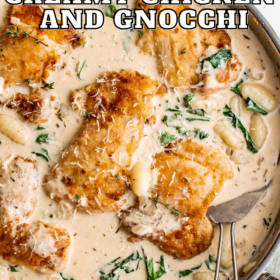 Creamy chicken and gnocchi in a skillet with a serving spoon.