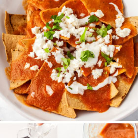 Chilaquiles Rojos in a bowl, pureed salsa being poured into a skillet, and tomatoes and a pepper in a pot with water being added.