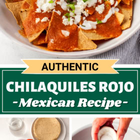 Chilaquiles Rojos in a bowl, ingredients arranged on a countertop and salsa being made in a pot.