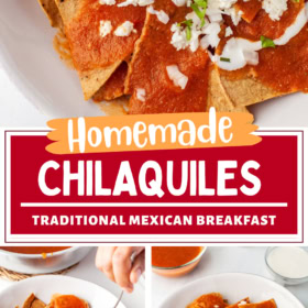 Chilaquiles Rojos being drizzled with mexican crema and in a bowl with crumbed cheese and cilantro on top.