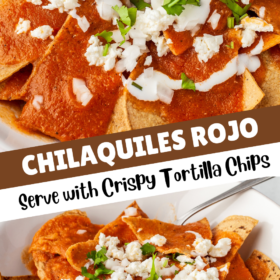 Chilaquiles Rojos in a bowl with crumbled mexican cheese and cilantro on top.