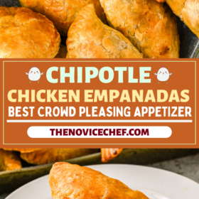 Chicken empanadas on a plate and on a serving tray with a bowl of guacamole.