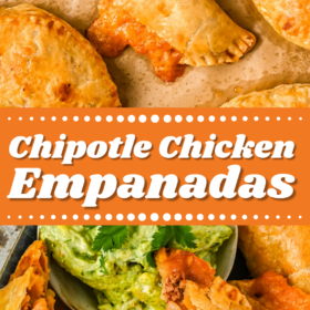 Chipotle chicken empanadas on a platter with a bowl of guacamole.