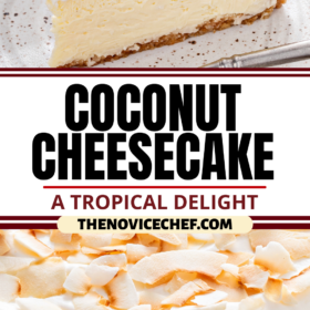A slice of coconut cheesecake on a plate and a whole coconut cheesecake with whip cream and coconut on top.