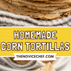 Corn tortillas and a corn tortilla rolled up between fingers.