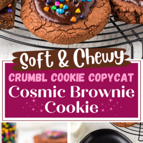 Crumbl copycat cosmic brownie cookie cut in half, on a plate with a bite taken out of it and stacked on a cooling rack.
