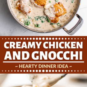 Chicken and gnocchi in a creamy sauce in a skillet.