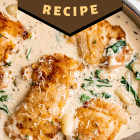 Crispy chicken in a creamy sauce with gnocchi in a skillet.