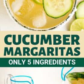 A pitcher of cucumber margaritas being poured into a glass with a salted rim.