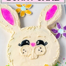 Easy easter bunny cake made out of two round pans with marshmallow flowers.